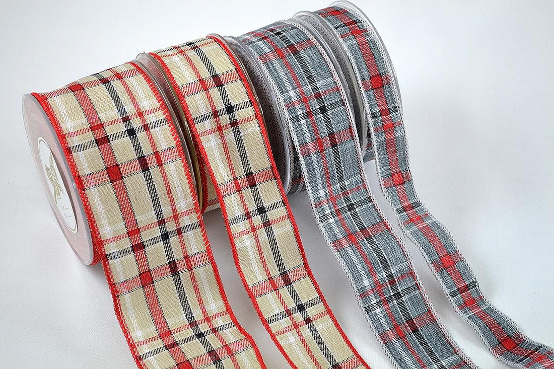 1.5 x 10 yds Red & Grey Tweed Type Plaid Ribbon, Wired Christmas Ribbon