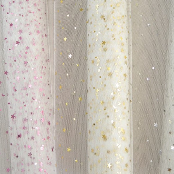 Tulle Fabric with Sparkle Stars in Magenta Pink Gold Silver 2 Widths (50cm/19.69 inches, 75cm/29.53 inches) Material for Mosquito Net Canopy