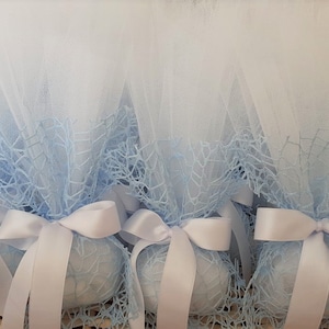 Wedding Bomboniere With White Tulle and Sky Blue Net with Icy White Satin Ribbon Minimal Guest Favors with Koufeta