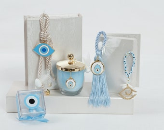 Light Blue Wedding Favors, Wall Hanging Sky Blue Favors for Boys, Evil Eye Keepsakes, Candle & Charm Guest Gifts
