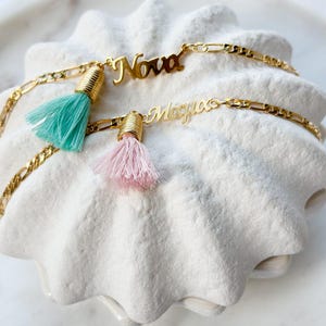 Mama Gold Chain with Pastel Purple or Turquoise Green Cotton Tassel Mothers Day Gift from Daughter Baptism Day Accessories