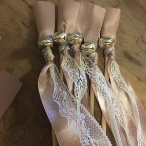 100 Wedding Wands with Gold Bells, Satin Dark Pink Blush and White Lace Ribbon, Wedding Exit Ideas Romantic Streamers Marriage Send Off Bulk