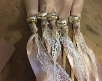 20 Wedding Wands with Gold Bells, Satin Dark Pink Blush and White Lace Ribbons, Wedding Exit Ideas Romantic Streamers Marriage Send Off Bulk