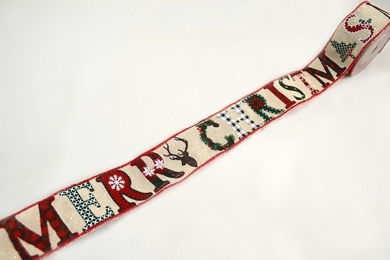 Merry Christmas Wired Ribbon: Beige, Elk, Plaid - 9.84 Yards