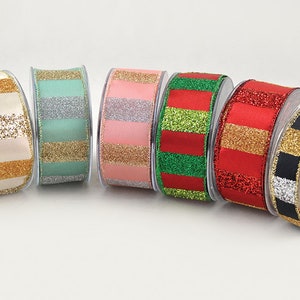 Glitter bedraad kerstlint, gestreepte rand in verschillende kleuren, 3 breedtes (2,3 cm/4,3 cm/6,7 cm), kerstversiering en knutsels