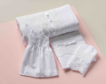 Luxury Cotton Ladopana for Baby Girl with French Lace, Greek Baptism, Orthodox Christening, Handmade Towel, Oilcloth & Undergarments