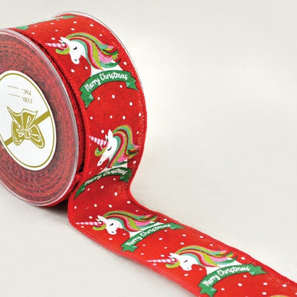 Wired Christmas Ribbon, Colorfull Magical Unicorn on Red Background, Kid's Crafts & Room Decoration, Xmas Happy Wreath