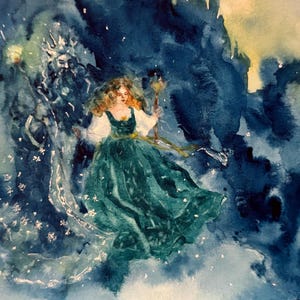 Babbo Natale e la fanciulla di neve, Moroz il rosso e Snegurochka, Natale, Inverno, Fiaba, Magia, Ghiaccio, Vento, Neve, Acquerello originale