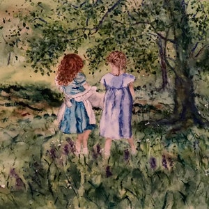 Kinder im Garten, Original Aquarell Malerei, Spielende Kinder, Spielende Mädchen, Pastoral, Sommertag, Sommerzeit, Sommergarten