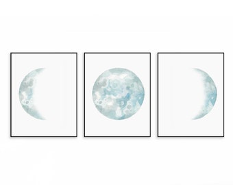 Moon Phases Set of 3 Lunar Phase  Printable Wall Art Full Moon Watercolor Moon Celestial Blue Moon Printable 3 Moons Poster Digital Download