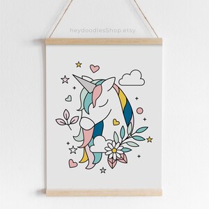 Unicorn nursery wall art printable Whimsical unicorn illustration Rainbow unicorn wall art for girls bedroom Cute unicorn floral design art