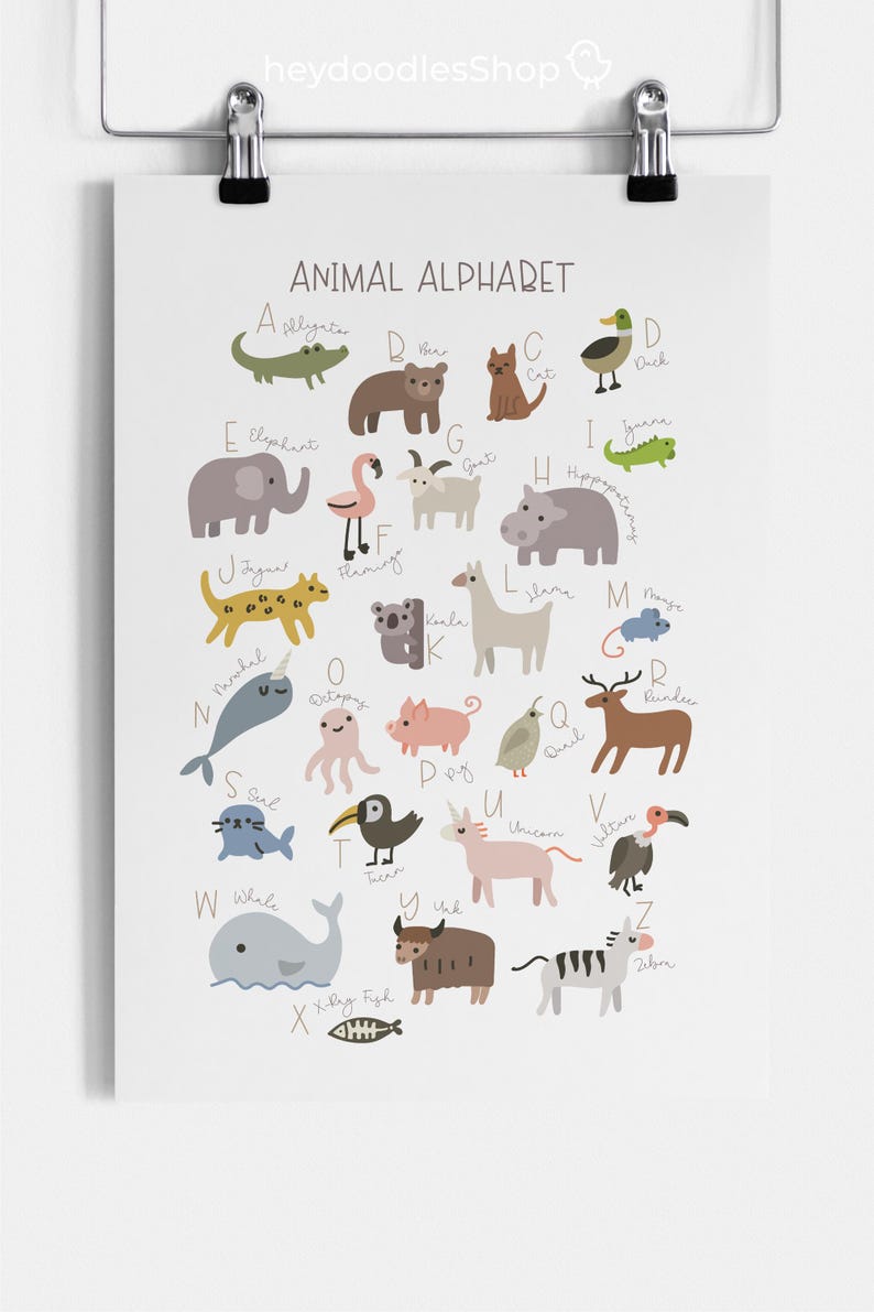 Op de afbeelding: Een kleurrijk alfabetkaart met ge&iuml;llustreerde dieren voor elke letter. De kaart is op een witte achtergrond met een lichtbruine rand. De dieren zijn getekend in een eenvoudige, cartoonachtige stijl en zijn gerangschikt in een cirkel rond de letters.