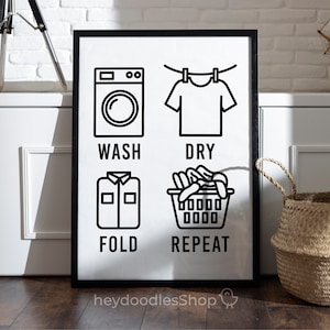 Póster imprimible para decoración de pared de lavandería, lavado, secado, doblado, repetición, arte minimalista para lavandería, impresión escandinava, arte en blanco y negro para lavandería