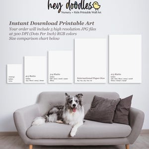 May include: A size comparison chart for printable wall art shows different sizes in inches, including 11x14, 4:5 ratio, 3:4 ratio, and 2:3 ratio. The chart is displayed on a white wall with a gray couch and a dog sitting on it.