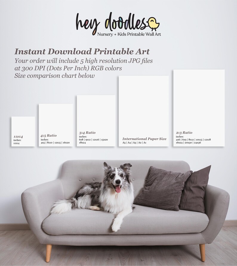 May include: A size comparison chart for printable wall art shows different sizes in inches, including 11x14, 4:5 ratio, 3:4 ratio, and 2:3 ratio. The chart is displayed on a white wall with a gray couch and a dog sitting on it.