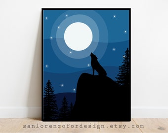 Howling Wolf, Wall Art Printable, Black and Blue Wolf and Moon, Gallery Wall, Wolf Art, Room Decor, Instant Download