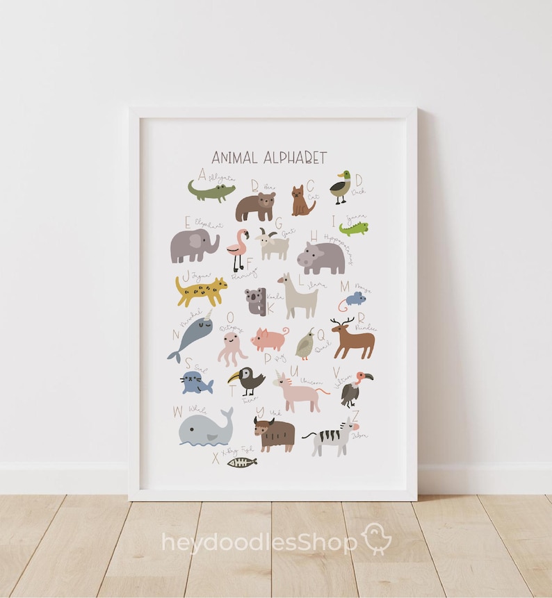 Op de afbeelding: Een wit ingelijst poster met de titel "ANIMAL ALPHABET" en illustraties van dieren voor elke letter van het alfabet. De dieren zijn getekend in een kleurrijke cartoon stijl.