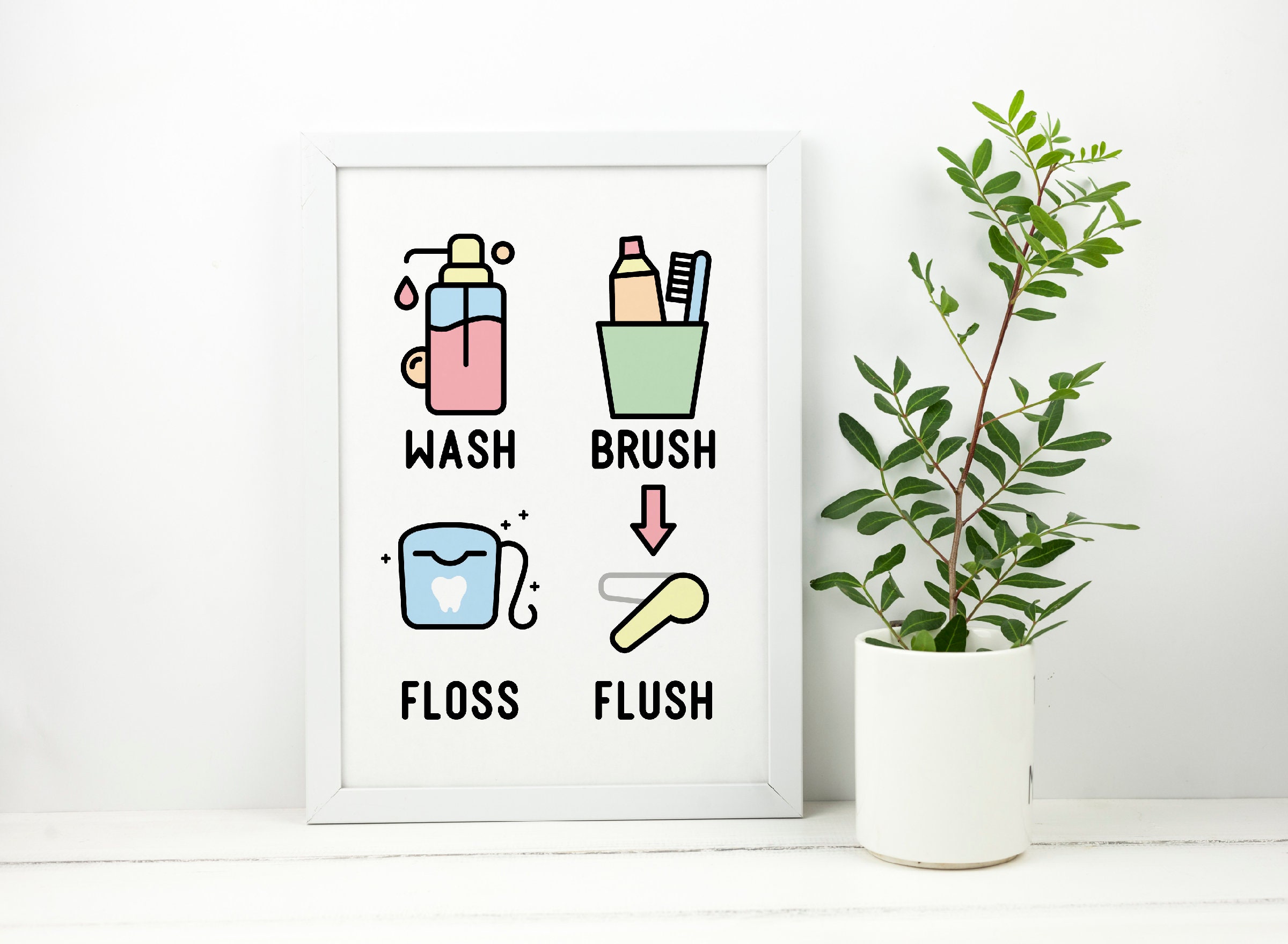 Wash Brush Floss Flush Bathroom Printable Wall Art Bathroom | Etsy