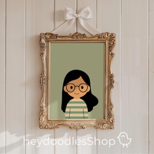 Girl wall art printable kids room decor smiling girl print with glasses kids art for bedroom playroom wall print digital art download