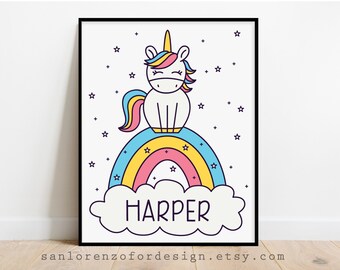 Girls Bedroom Wall Art, Unicorn Name Print, Rainbow Prints, Colorful Art Prints, Printable Girls Gift, Printable Wall Art, Girl's Room Decor