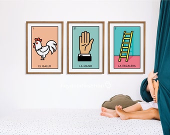 Mexican Art, Loteria Mexican Wall Art, Set of 3 Loteria Prints, Modern Mexican Art Print, Loteria Art, Instant Download