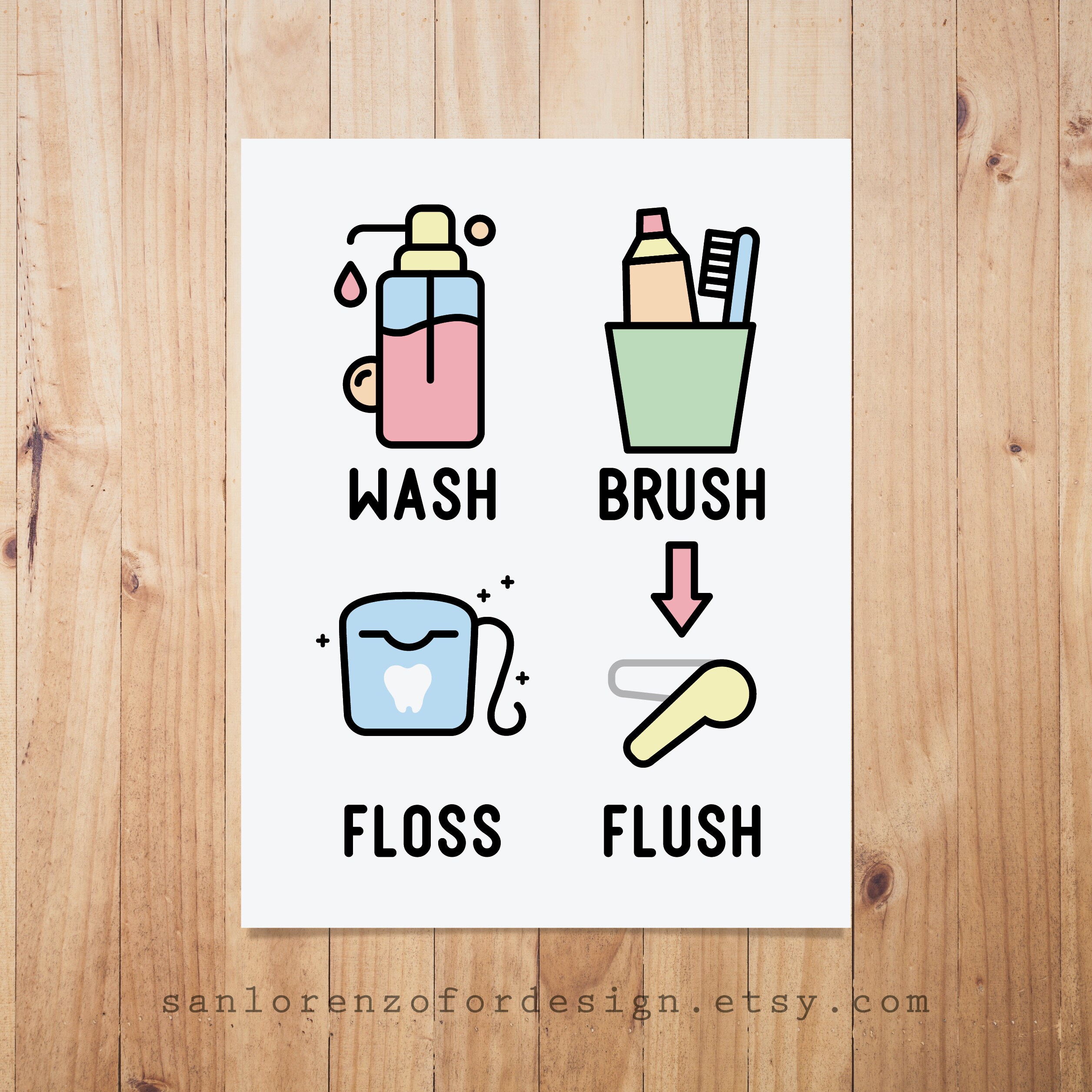Wash Brush Floss Flush Bathroom Printable Wall Art Bathroom | Etsy