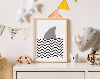 Arte de pared imprimible de aleta de tiburón, decoración náutica para guardería, ilustración de tiburón para guardería, arte de pared oceánico, impresión de póster de aleta de tiburón, arte de tiburón