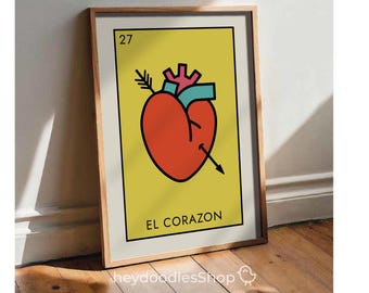 El corazón loteria printable wall art Mexican Lottery juego loteria decorations Mexican folk art dopamine printable wall decor Mexican bingo