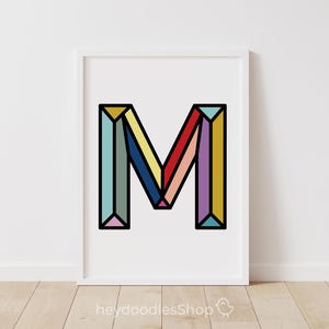 Decoración de pared con la letra M para guardería, letras monograma, arte de pared imprimible para sala de juegos, decoración artística para habitación de niño, inicial para habitación de niña, regalo, arte impreso
