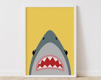Shark  wall art printable Yellow and grey shark print Boys room decor Printable boy gift Baby boy room decor Shark illustration print art