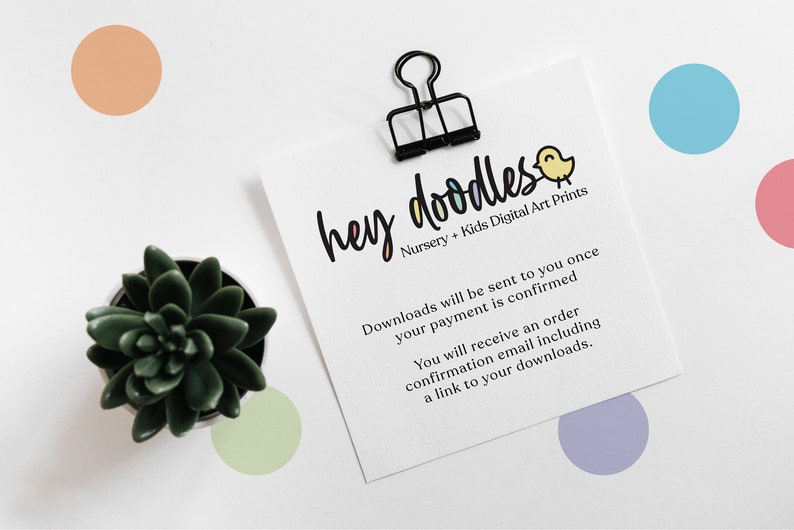 May include: A white card with the text "hey doodles" in colourful letters, a small yellow bird illustration, and the text "Nursery + Kids Digital Art Prints". The card also includes information about digital downloads being sent after payment confirmation.