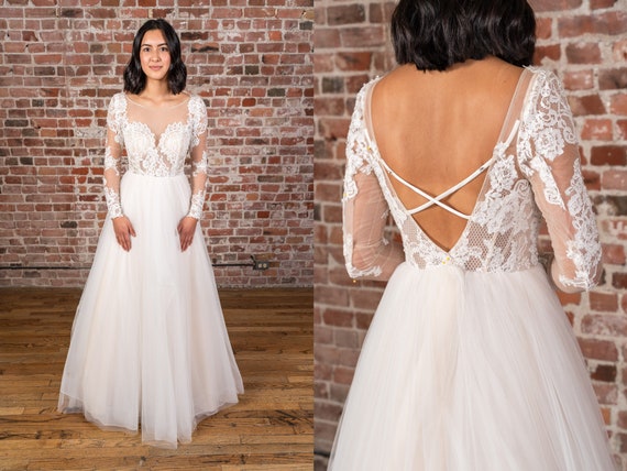 Lace Sheer Top With Full Sleeves Tulle Ball Gown Wedding Gown Etsy