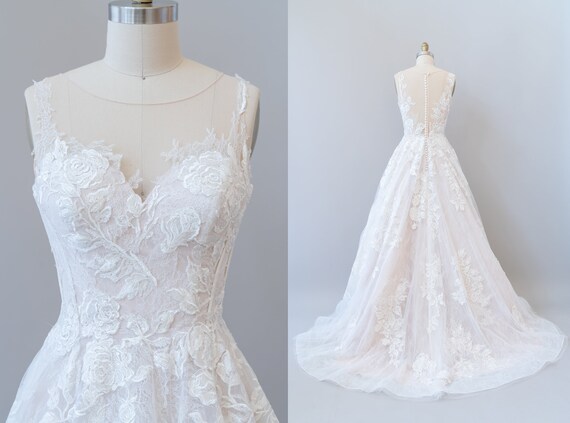 Floral Lace Sheer Top Ball Gown Wedding Dress Etsy
