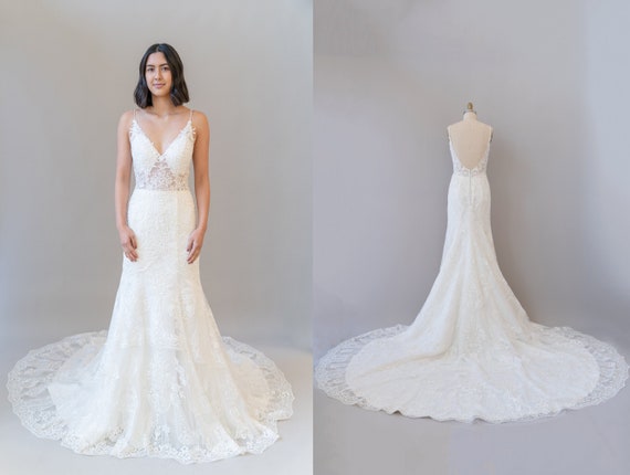 Lace V Neckline With Low Back Mermaid Wedding Gown Etsy