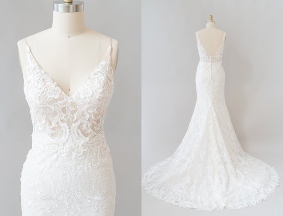 Lace V Neckline With Spaghetti Strap Mermaid Wedding Gown Etsy