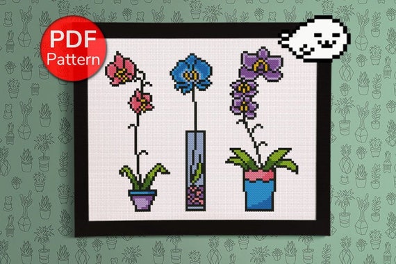 Cross Stitch Pattern Orchid Vases Vintage Flower Drawing Etsy
