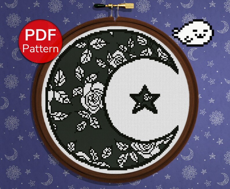 Cross Stitch Pattern Moon with Flowers Crescent Moon | Etsy