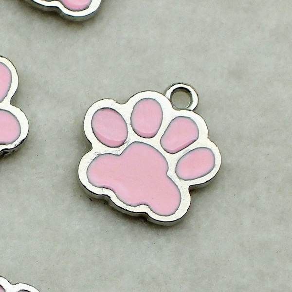 Paw Print 18mm Pink Enamel and Silver Tone Single Sided Customizable Animal Charms - 1563