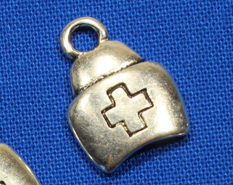 Nurse Hat 16mm Antique Silver Tone Single Sided 2D Medical Charms - 1444