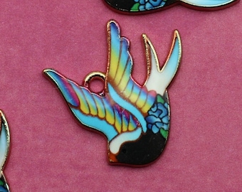 Bird 20mm Multi-Colored Enamel and Gold Plated Single Sided Avian Charms - 1608