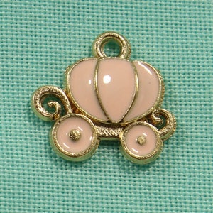Princess Carriage 12mm Pink Enamel and Gold Tone Single Sided Fairy Tale Charms - 0032