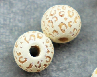 10mm Leopard Print Design Cream Colored Wooden Jewelry Making Loose Craft Beads - 1562