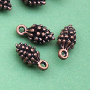 May include: A group of small, copper-colored pine cone charms with a loop for hanging. The charms are scattered on a green surface.
