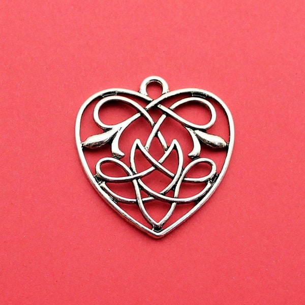 Celtic Knot Heart 31mm Antique Silver Tone Die Cut Single Sided Religious Pendant Charms - 1655