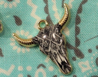 Steer Skull 21mm Gold Plated with Black and White Southwestern Design Enamel Single Sided Boho Animal Western Charms - 1381