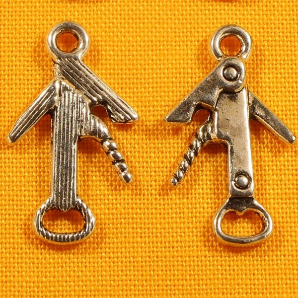 Corkscrew Bottle Opener 21mm Antique Silver Tone Single Sided 2D Drink and Beverage Charms - 0176