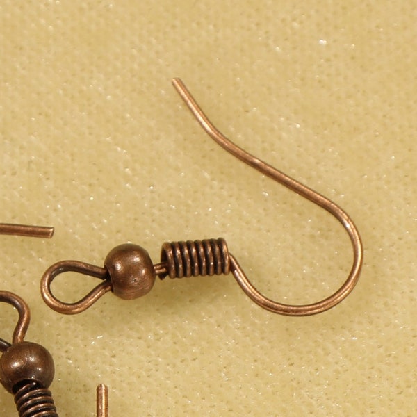 Antique Copper Tone 19mm Ear Wire Hooks with Wire Wrap and Bead Ball Accent Earring Findings - 0664