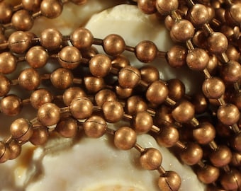 Op de afbeelding: Een close-up van een schelp met een koperen ketting eroverheen gedrapeerd. De ketting is gemaakt van kleine, ronde kralen.