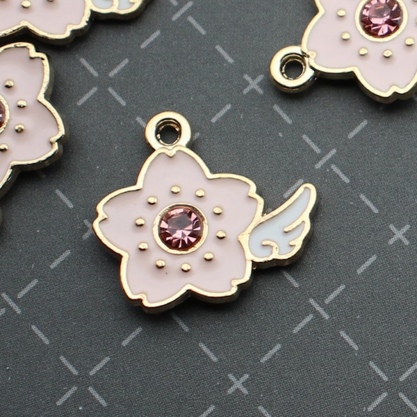 Flower with Wing 18mm Gold Plated with Light Pink & White Enamel and a Pink Rhinestone Single Sided Memorial Floral Charms - 1714