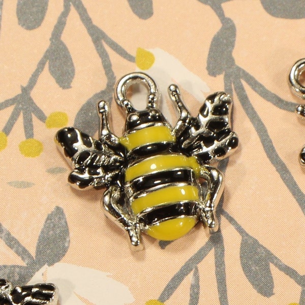 Bee 17mm Antique Silver Tone with Yellow and Black Enamel Single Sided 2D Garden Insect Charms - 0834